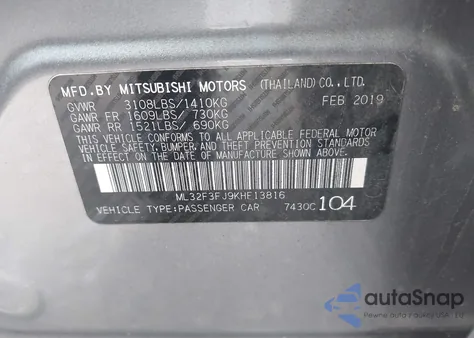 2019 Mitsubishi Mirage G4 Es z USA, uszkodzony, nr VIN ML32F3FJ9KHF13816